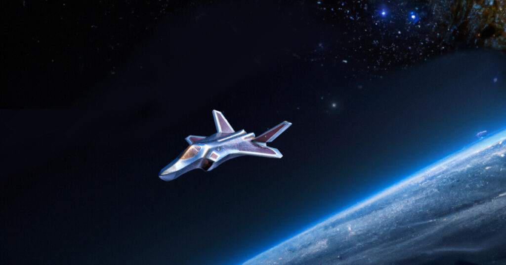 artist's representation of f-35 fighter jet flying in space